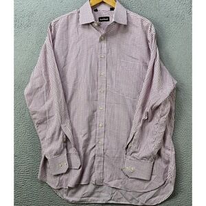 Paul Stuart Mens 17.5X35 Shirt Dress Pink Gingham Check Pocket Fast Shipping EUC